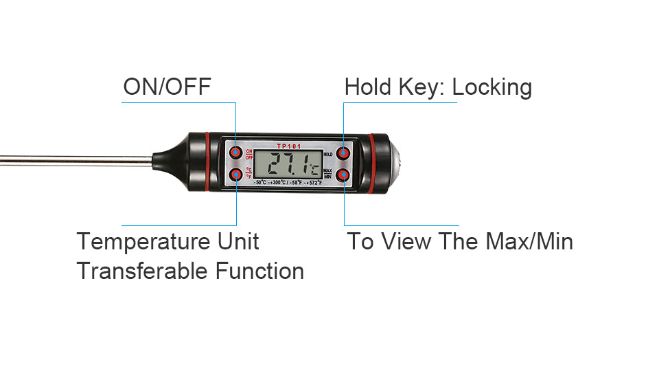 Digital meat thermometer from WoodyKitchenware featuring a sleek display and stainless steel probe for accurate cooking temperatures.