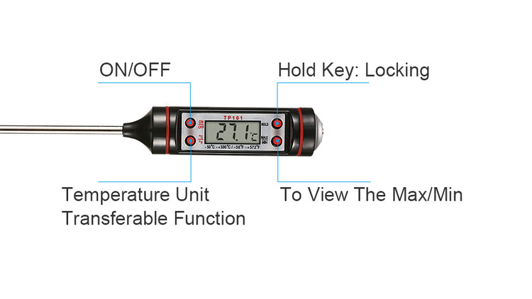 Digital meat thermometer from WoodyKitchenware featuring a sleek display and stainless steel probe for accurate cooking temperatures.