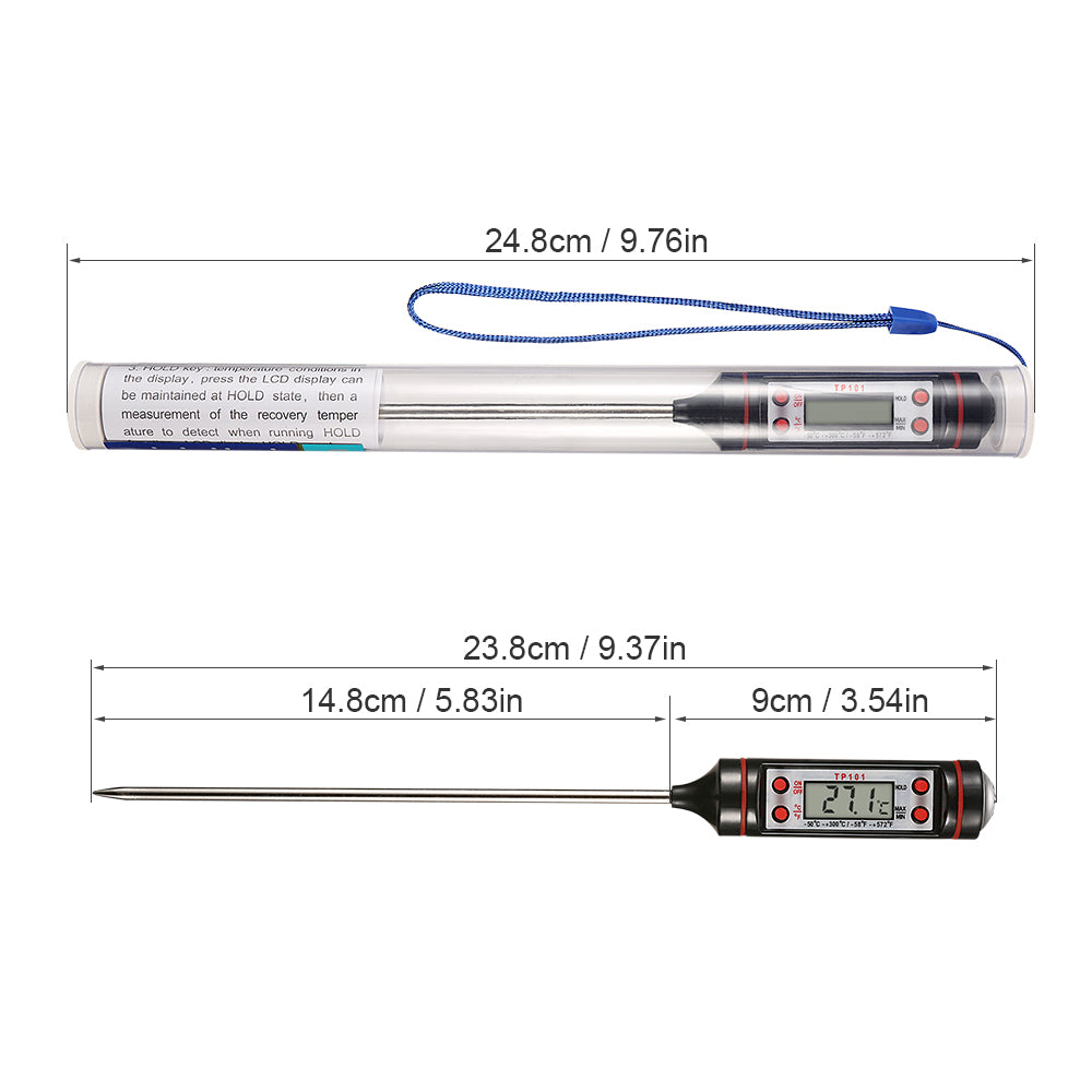 Digital meat thermometer by WoodyKitchenware with a clear display, used for precise temperature measurement of meats.