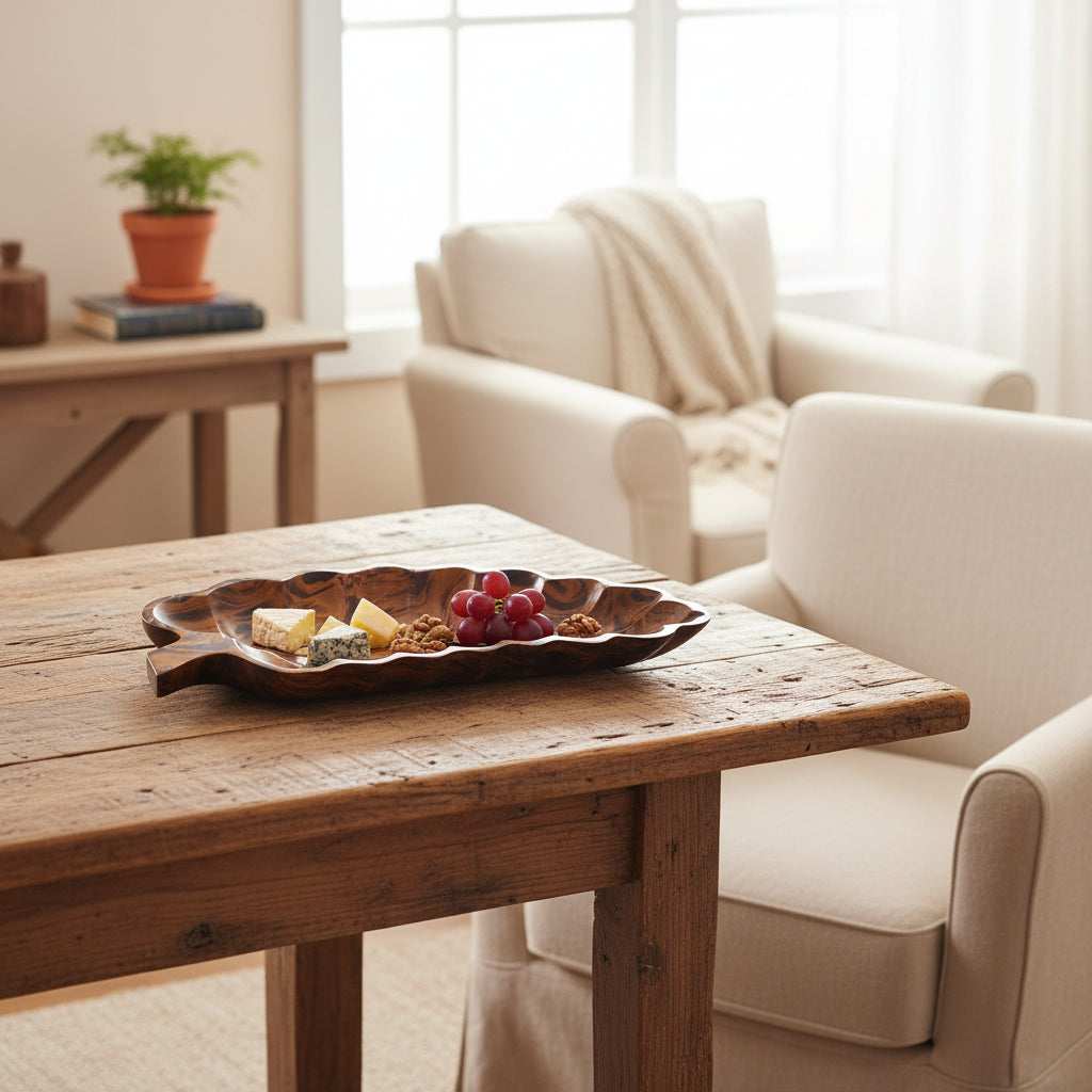 Solid wood handmade dried fruit tray by Woody's Ritual, featuring a natural finish and crafted for serving dried fruits.