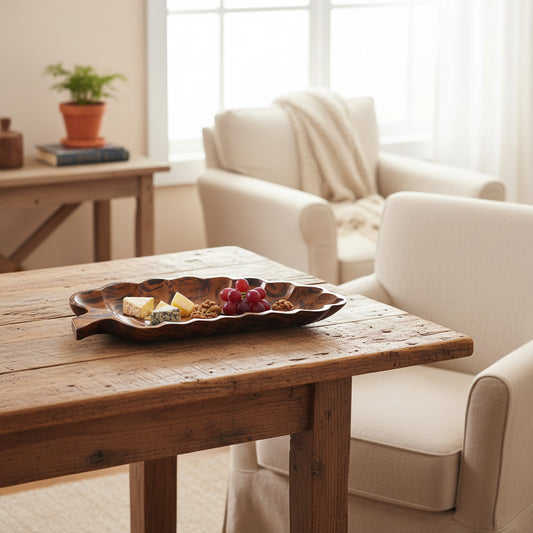 Solid wood handmade dried fruit tray by Woody's Ritual, featuring a natural finish and crafted for serving dried fruits.