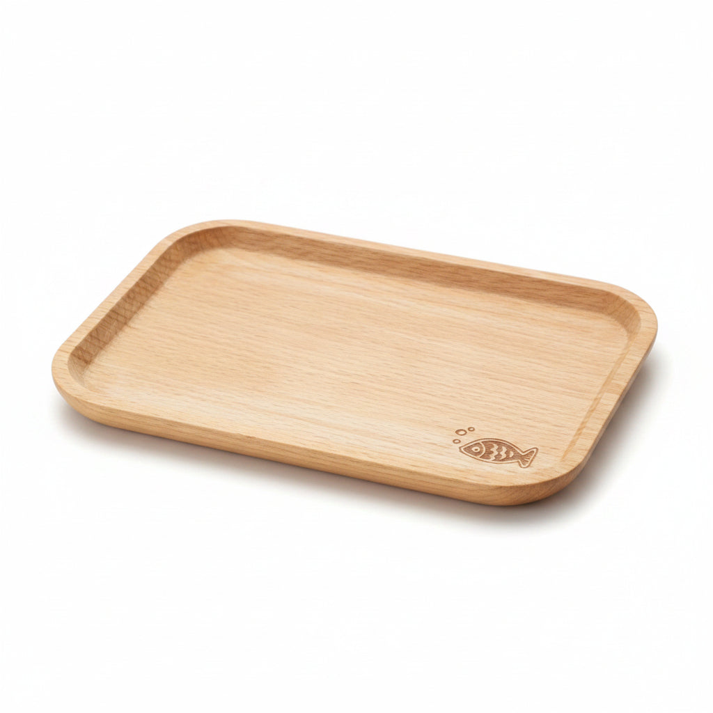 Handcrafted wooden dish tray shaped like a long fish with mushroom accents, perfect for coastal-style table decor by WoodyKitchenware.