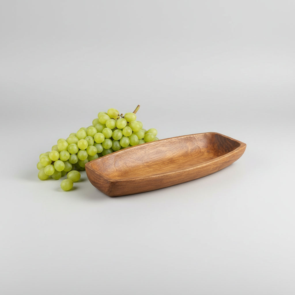 Wooden boat-shaped tray by WoodyKitchenware, crafted from natural solid wood, ideal for serving or decorative use.