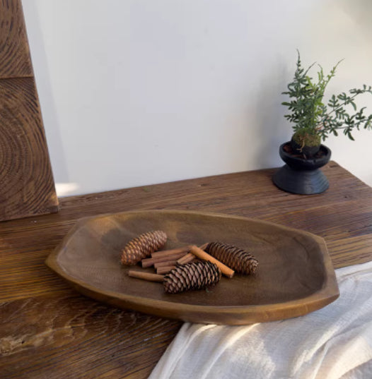 Solid wood boat-shaped tray by WoodyKitchenware, natural wood color, crafted for serving or decorative use.