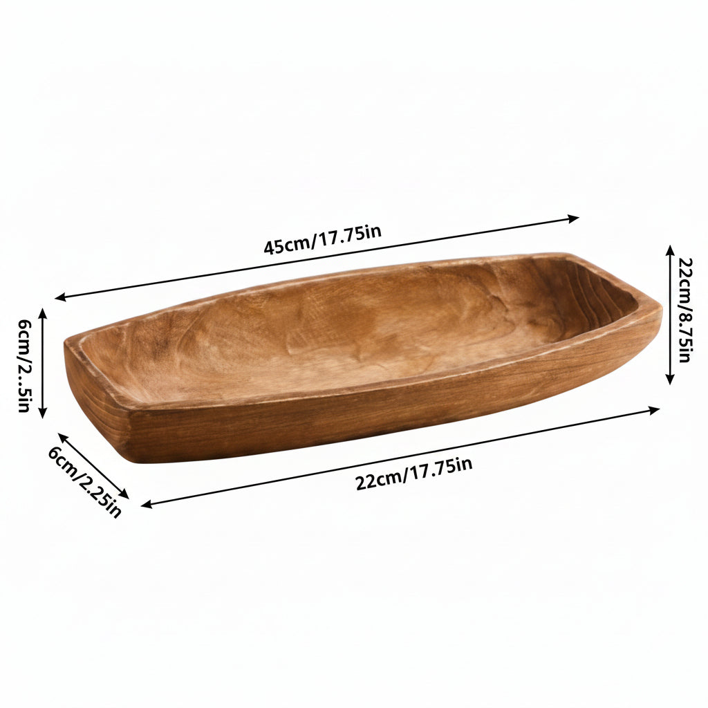 Solid wood boat-shaped tray by WoodyKitchenware, natural wood color, handcrafted with smooth finish, ideal for serving or display.