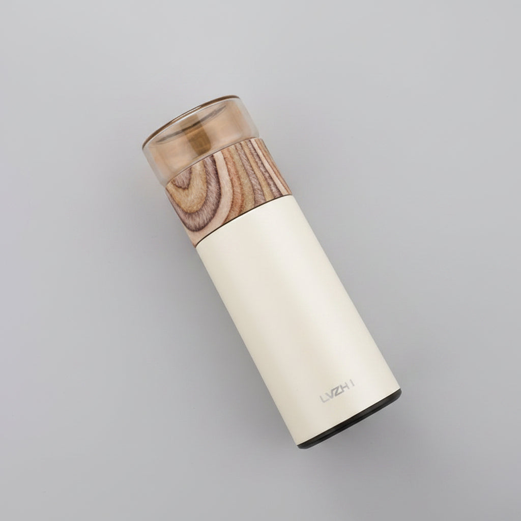Pink WoodyKitchenware stainless steel 360ml travel thermos water bottle with tea separation mug and infuser for hot beverages.
