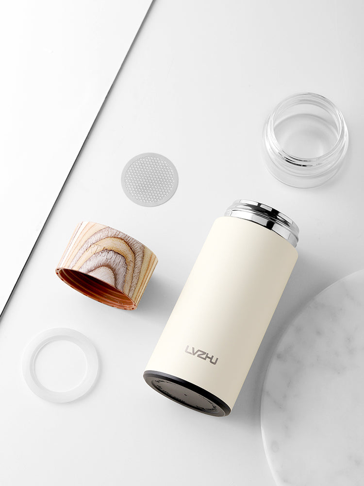 Pink WoodyKitchenware thermos water bottle with tea separation mug, 360ml stainless steel travel mug with tea infuser.