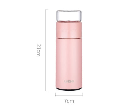 Pink WoodyKitchenware thermos water bottle with tea separation mug, 360ml stainless steel travel mug with tea infuser.