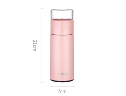 Pink WoodyKitchenware thermos water bottle with tea separation mug, 360ml stainless steel travel mug with tea infuser.