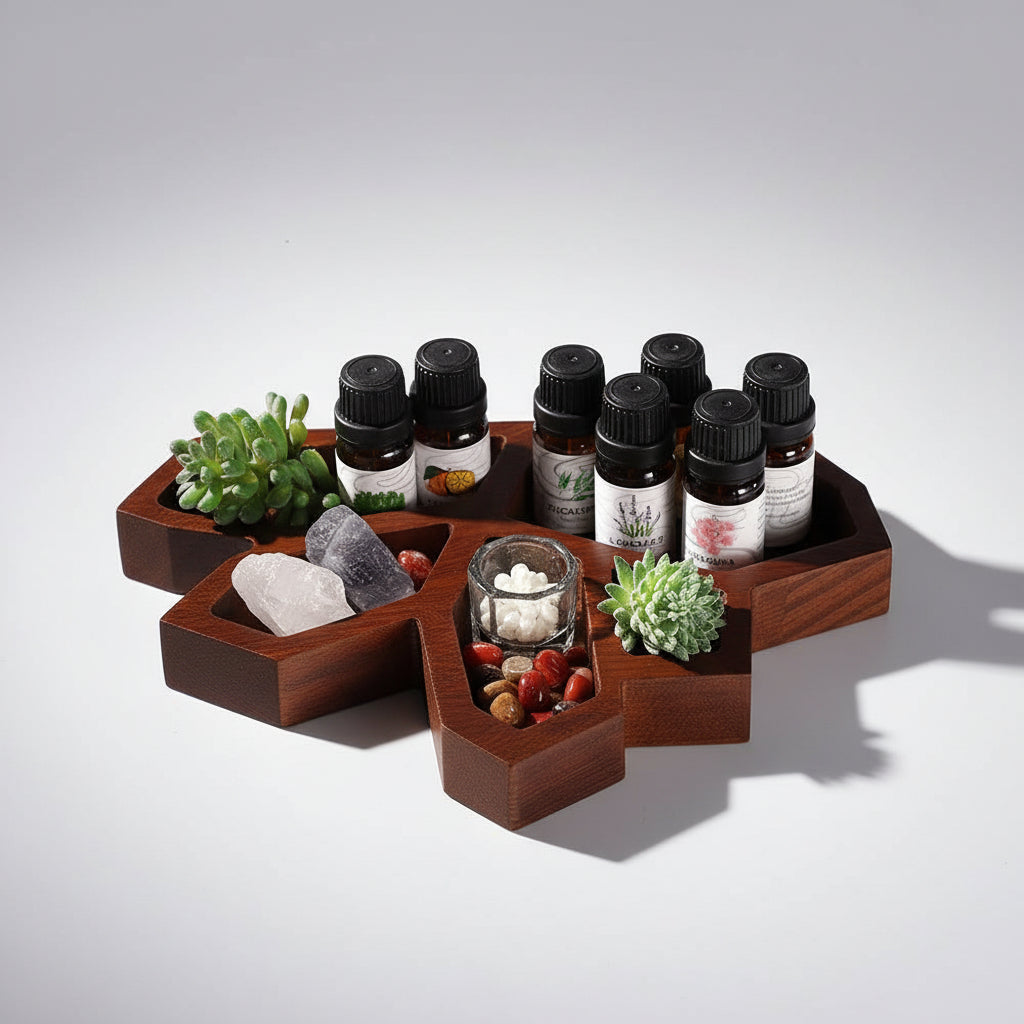 Gothic crystal tray by WoodyKitchenware, wooden aromatherapy and essential oil display plate with intricate design and natural wood finish.