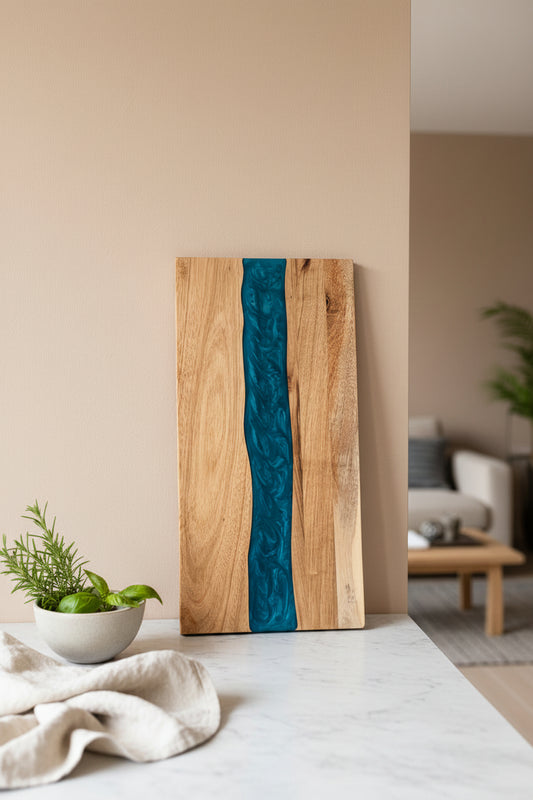 Square resin-acacia board by WoodyKitchenware with epoxy timber fusion, showcasing natural wood grain and vibrant resin accents.