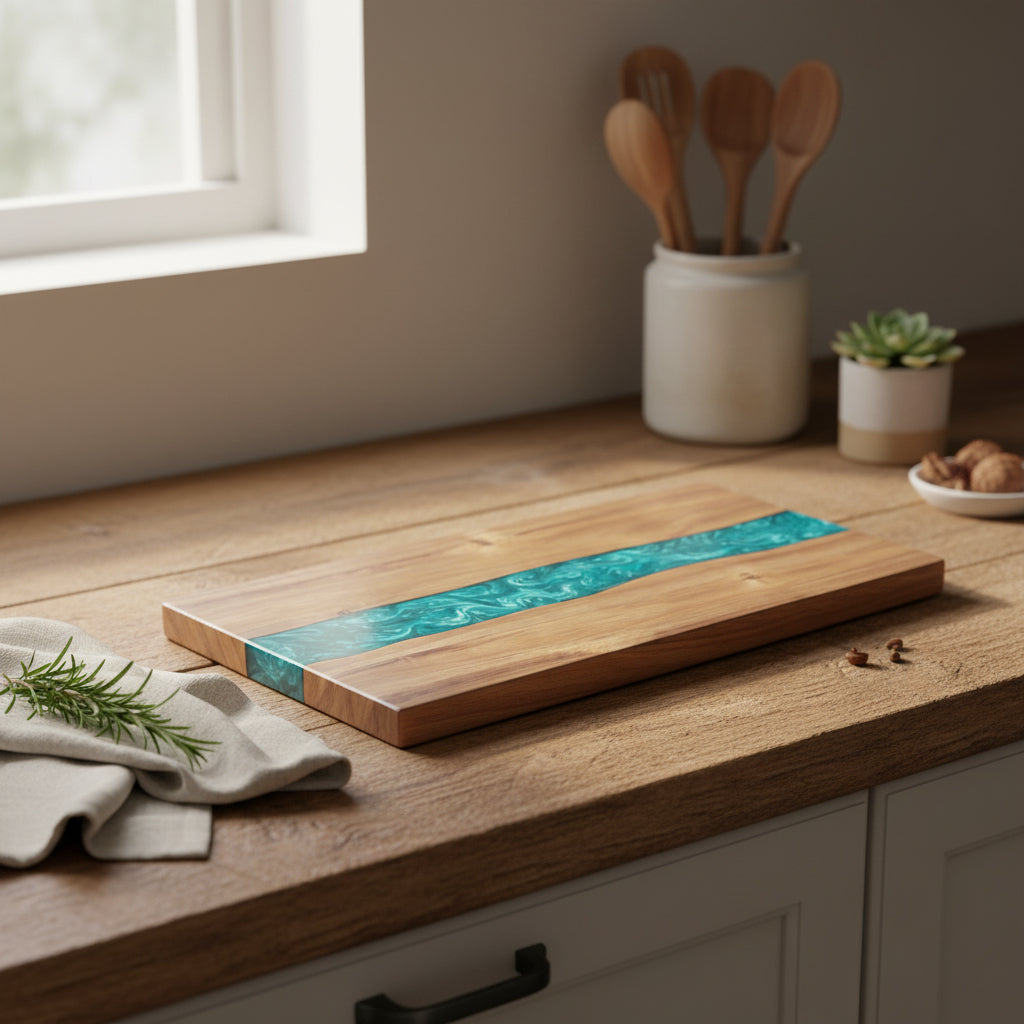 Square resin acacia board by WoodyKitchenware featuring epoxy timber fusion, ideal for serving or display.