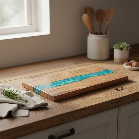 Square resin acacia board by WoodyKitchenware featuring epoxy timber fusion, ideal for serving or display.