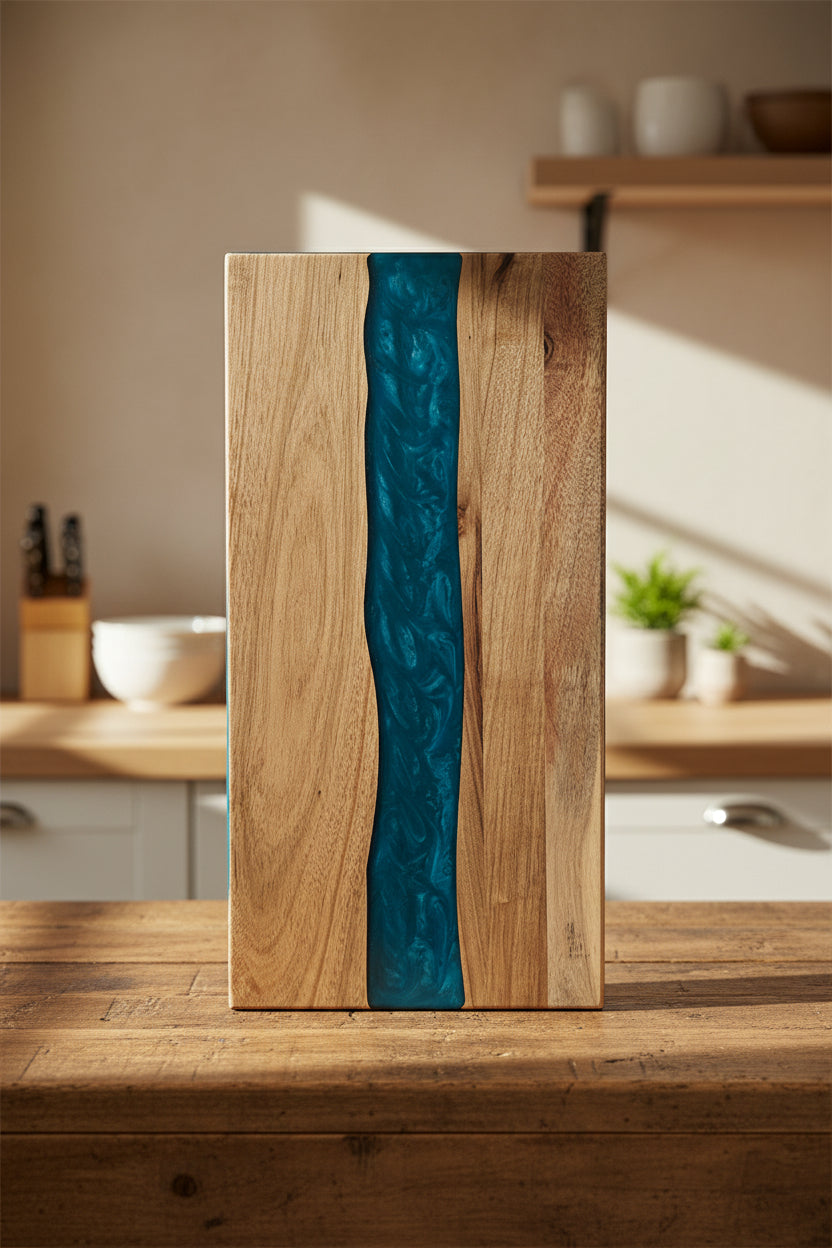 Square resin-acacia serving board by WoodyKitchenware with epoxy timber fusion, showcasing natural wood and vibrant resin details.