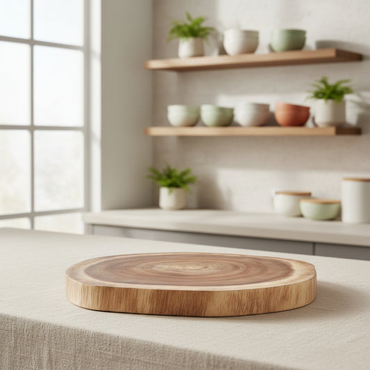 Round double-sided log cutting board by WoodyKitchenware featuring natural wood grain and versatile design for food prep and serving.