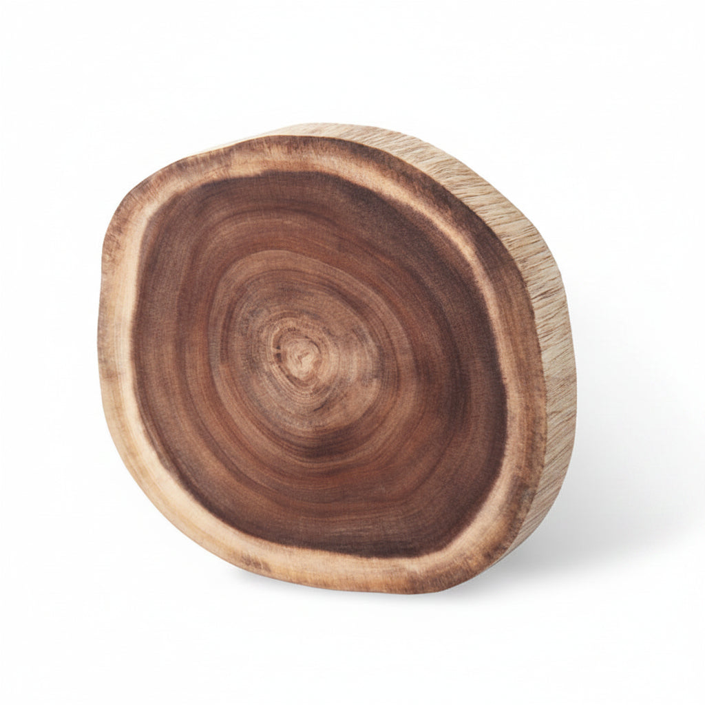 Round double-sided log cutting board by WoodyKitchenware with natural wood grain and versatile design for kitchen prep.