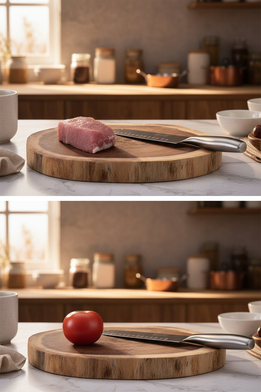 Round double-sided log cutting board by WoodyKitchenware featuring natural wood grain and versatile surface for kitchen prep.