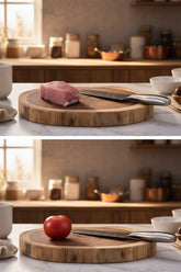 Round double-sided log cutting board by WoodyKitchenware featuring natural wood grain and versatile surface for kitchen prep.