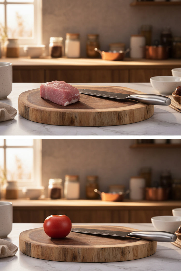 Round double-sided log cutting board by WoodyKitchenware featuring natural wood grain and versatile surface for kitchen prep.