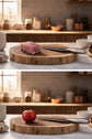 Round double-sided log cutting board by WoodyKitchenware featuring natural wood grain and versatile surface for kitchen prep.