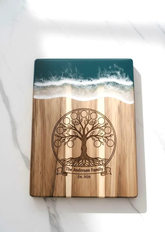 Personalized acacia mangium wooden board by WoodyKitchenware, perfect for wedding or housewarming gifts, with engraved design.