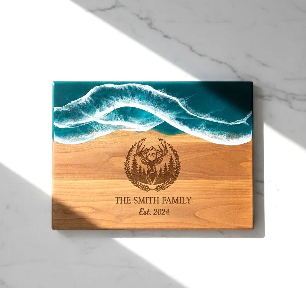 Personalized Acacia Mangium Wooden Board by WoodyKitchenware, ideal for wedding or housewarming gifts, showing engraved design.