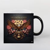 Black 250th Anniversary Commemorative Mug by WoodyKitchenware, made of solid timber, with detailed anniversary design.