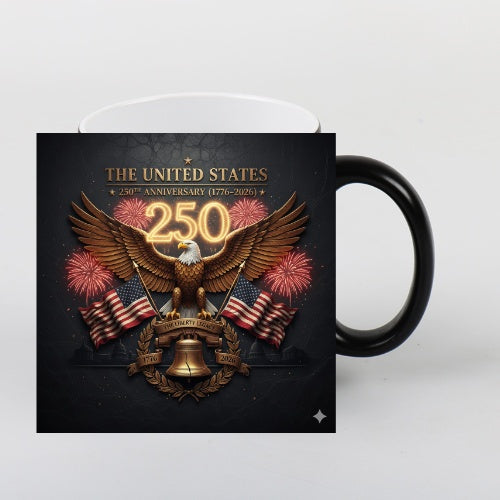 Black 250th Anniversary Commemorative Mug by WoodyKitchenware, made of solid timber, with detailed anniversary design.