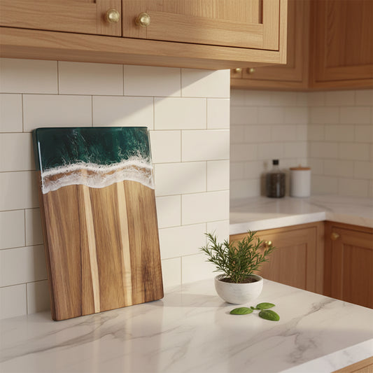 Square resin wave acacia board by WoodyKitchenware, featuring coastal timber design and solid wood construction for stylish serving.