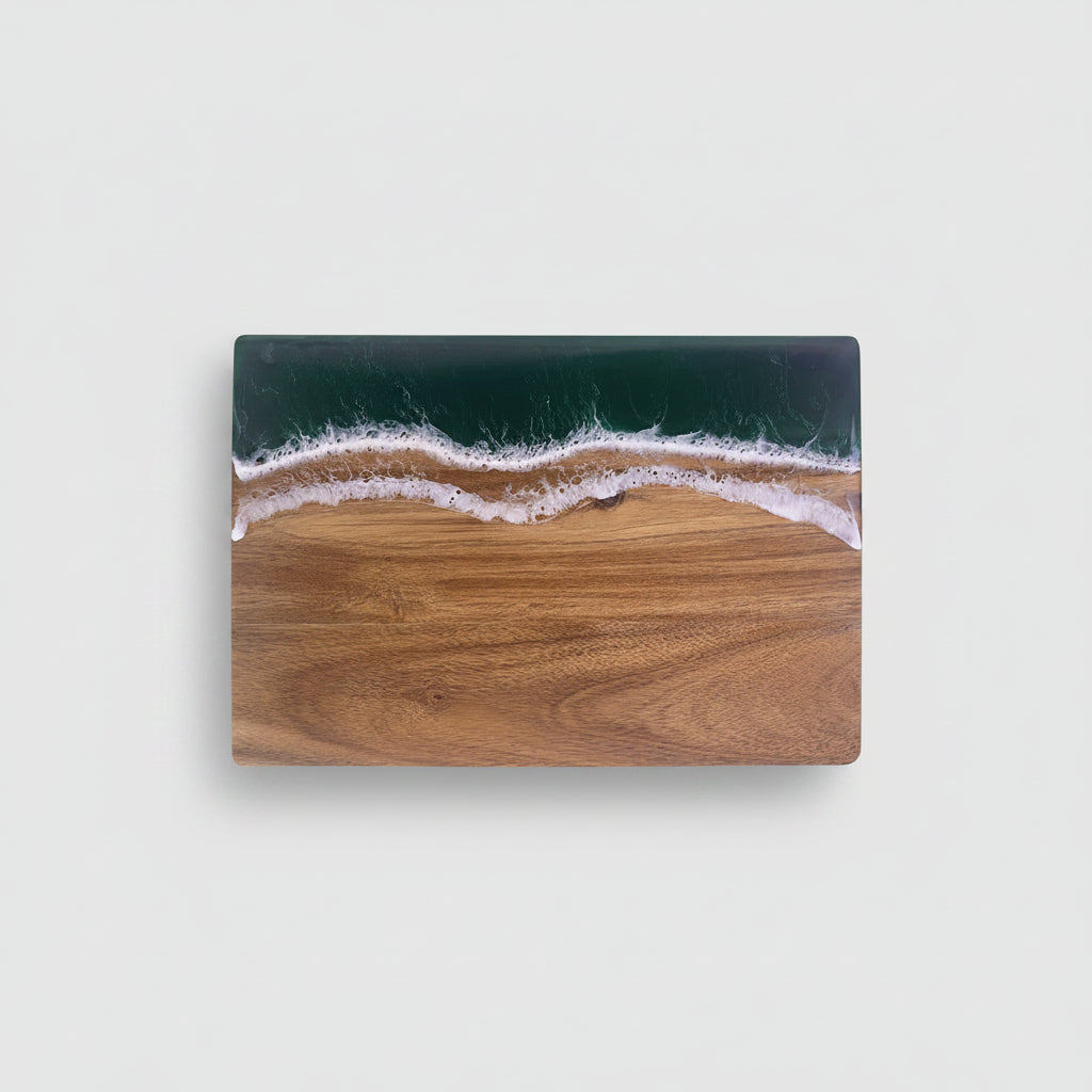 Square resin wave acacia board by WoodyKitchenware with coastal timber stage, handcrafted solid wood and resin design.