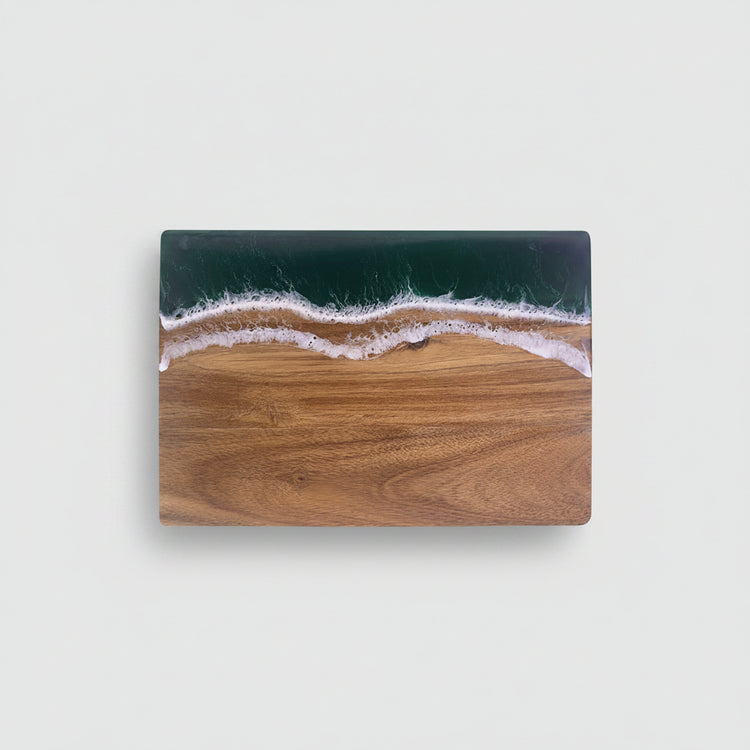 Square resin wave acacia board by WoodyKitchenware with coastal timber stage, handcrafted solid wood and resin design.