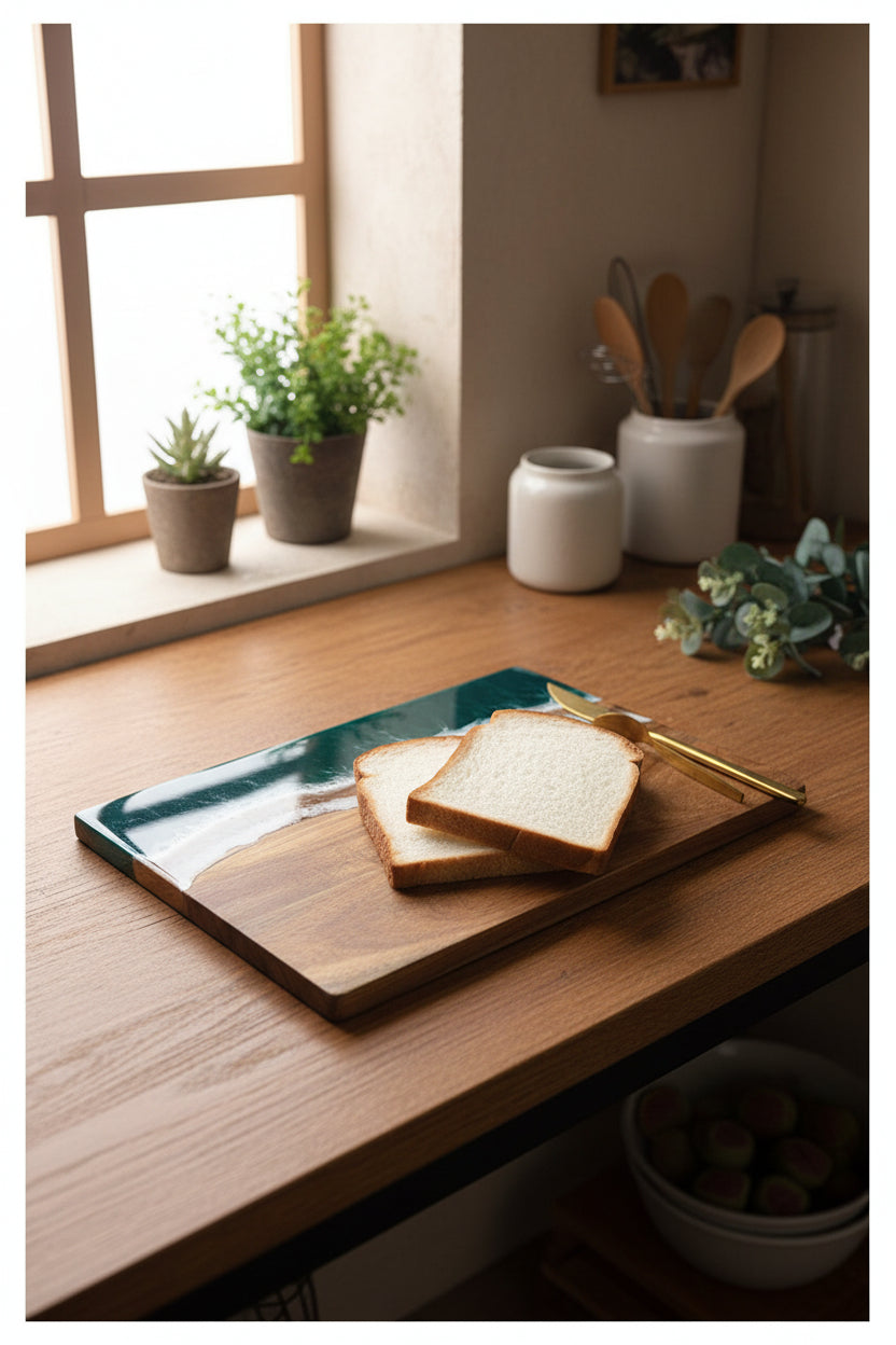 Square resin wave acacia board by WoodyKitchenware, featuring coastal timber stage design and solid wood and resin construction.