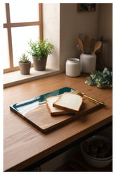 Square resin wave acacia board by WoodyKitchenware, featuring coastal timber stage design and solid wood and resin construction.