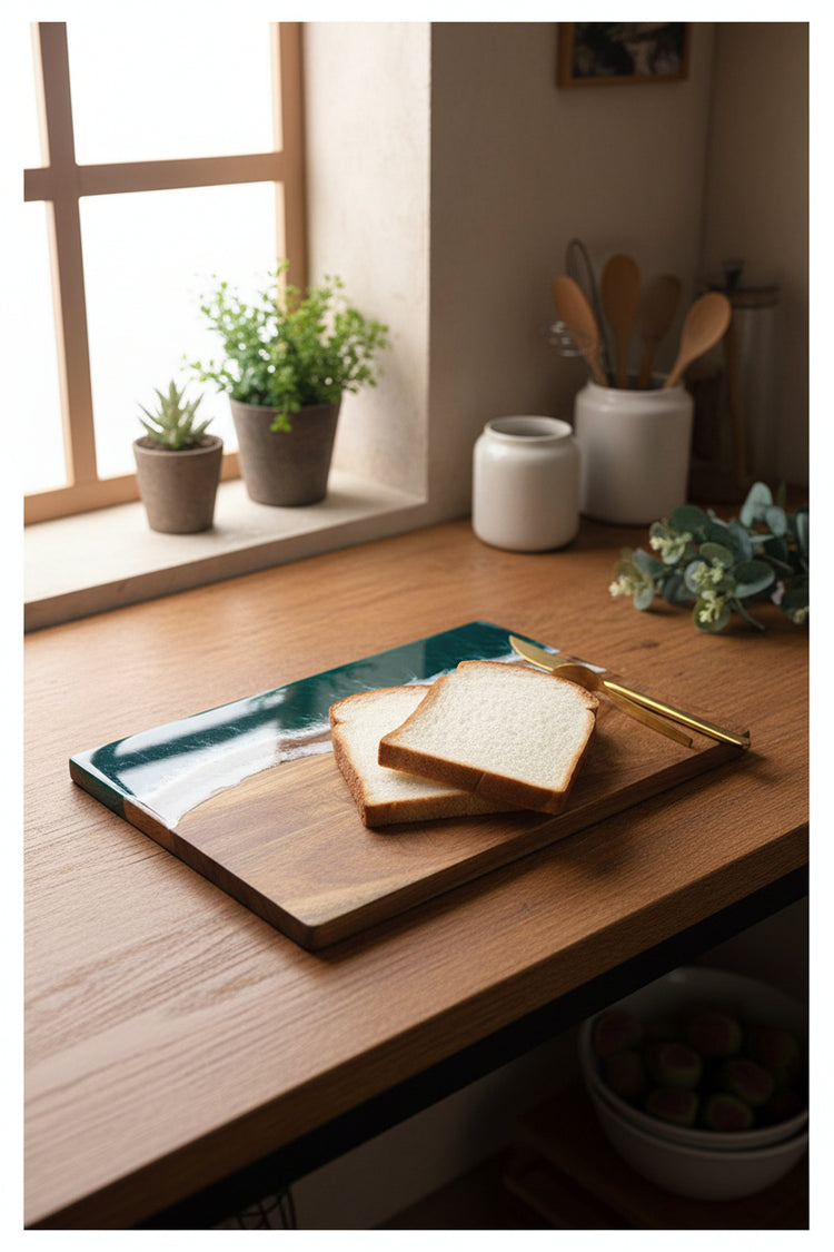 Square resin wave acacia board by WoodyKitchenware, featuring coastal timber stage design and solid wood and resin construction.