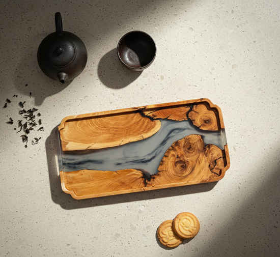 Wooden tray with a resin design on a light surface with tea-making items.